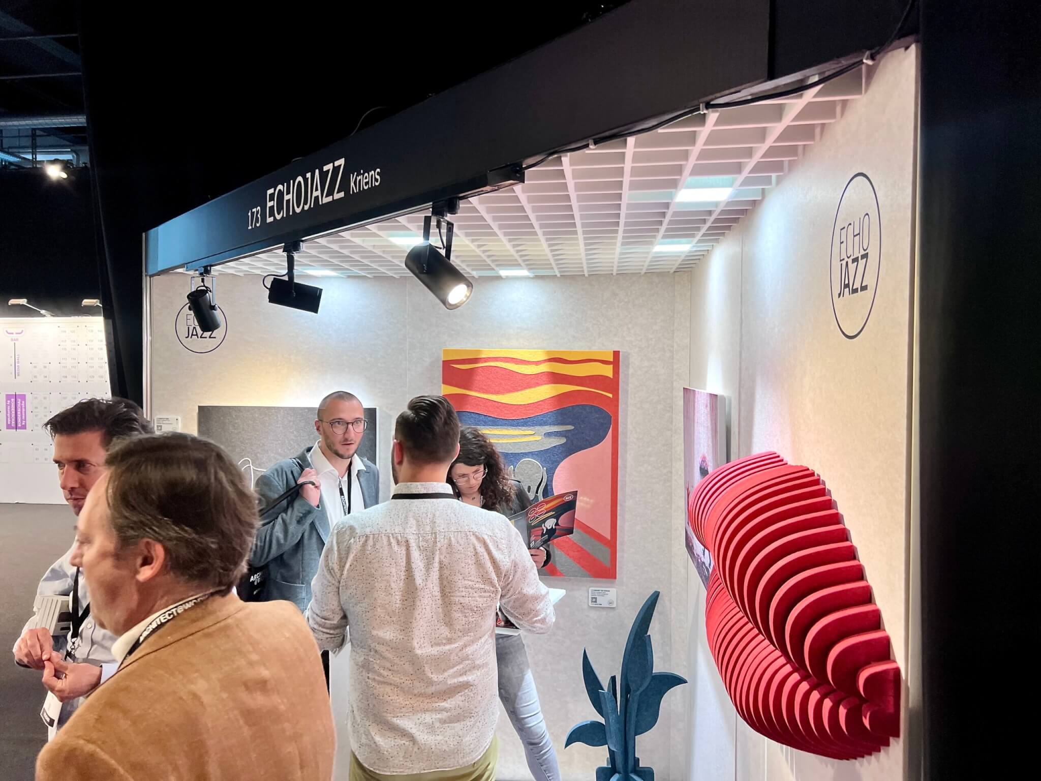 ECHOJAZZ Artcoustic Inspiration booth at ARCHITECT@WORK Zürich 2023 showing acoustic pieces of art
